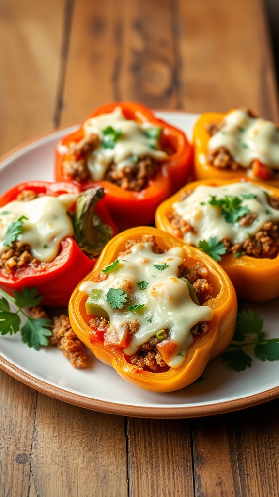 Baked stuffed peppers filled with pork and vegetables, topped with melted cheese, garnished with parsley on a wooden table.